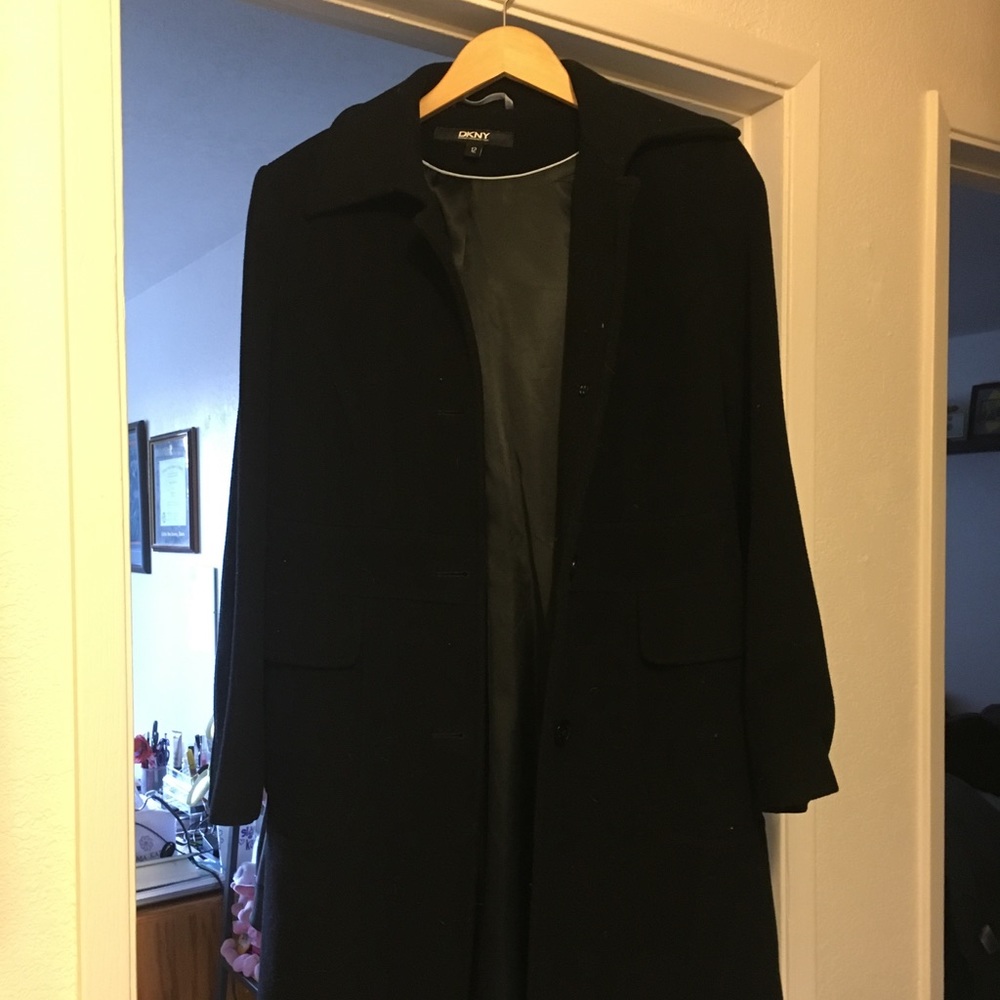 DKNY Black Wool Duster Pea Coat